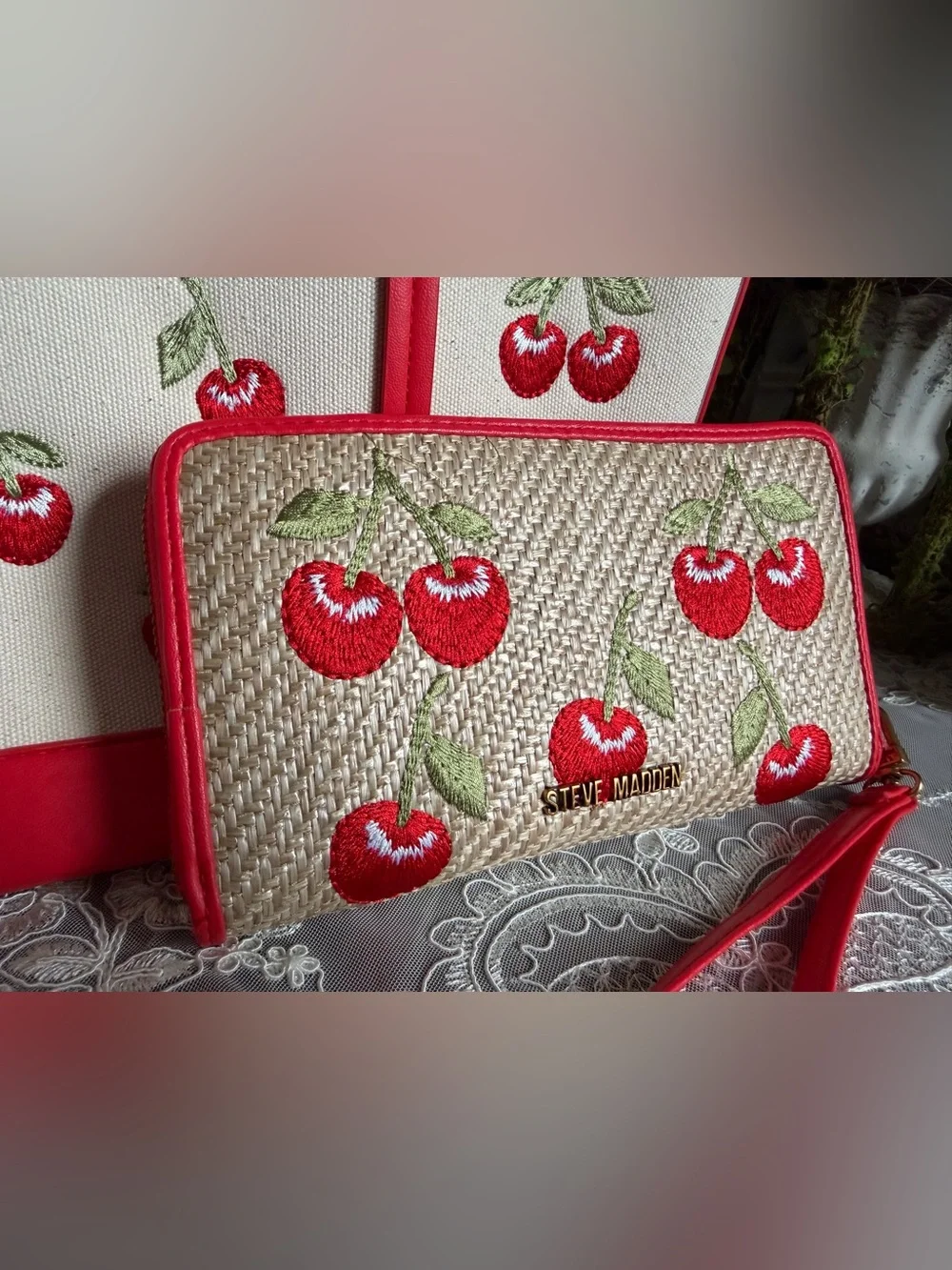 NWOT Steve Madden White & Red Cherry Embroidered Tote with Matching Wallet Set